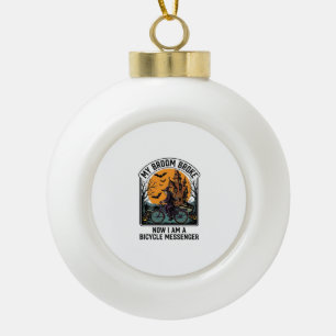 Halloween Bicycle Messenger Funny Witch Broom Brok Ceramic Ball Christmas Ornament