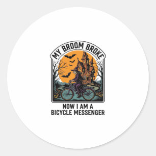 Halloween Bicycle Messenger Funny Witch Broom Brok Classic Round Sticker