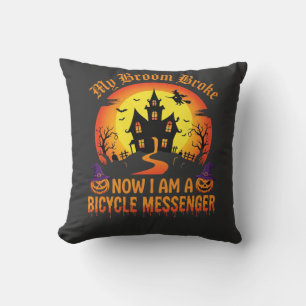 Halloween Bicycle Messenger Witch Broom Broke Desi Throw Pillow
