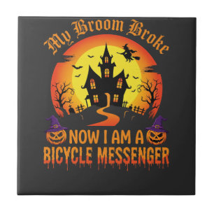 Halloween Bicycle Messenger Witch Broom Broke Desi Tile