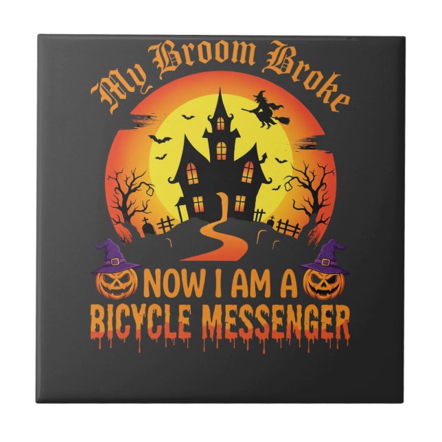 Halloween Bicycle Messenger Witch Broom Broke Desi Tile (Front)