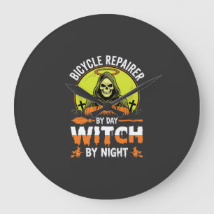 Halloween Bicycle Repairer By Day Witch By Night Large Clock