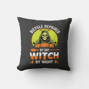 Halloween Bicycle Repairer By Day Witch By Night Throw Pillow