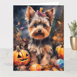 Halloween Biewer Terrier With Pumpkins Scary  Card