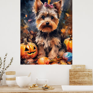 Halloween Biewer Terrier With Pumpkins Scary Poster