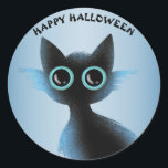 Halloween Big Eyes Black Blue Evil Cat Classic Round Sticker<br><div class="desc">Halloween Big Eyes Black Blue Evil Cat Classic Round Sticker. Unique,  beautiful,  stylish design. Easy to be personalized. Font style,  size and colours can be changed. Matching items are available.</div>