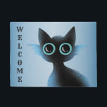 Halloween Big Eyes Black Blue Evil Cat Doormat<br><div class="desc">Halloween Big Eyes Black Blue Evil Cat Doormat. Unique,  beautiful,  stylish design. Easy to be personalized. Font style,  size and colours can be changed. Matching items are available.</div>