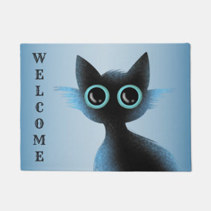 Halloween Big Eyes Black Blue Evil Cat Doormat