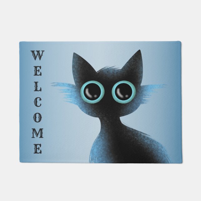 Halloween Big Eyes Black Blue Evil Cat Doormat (Front)