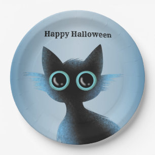 Halloween Big Eyes Black Blue Evil Cat Paper Plate