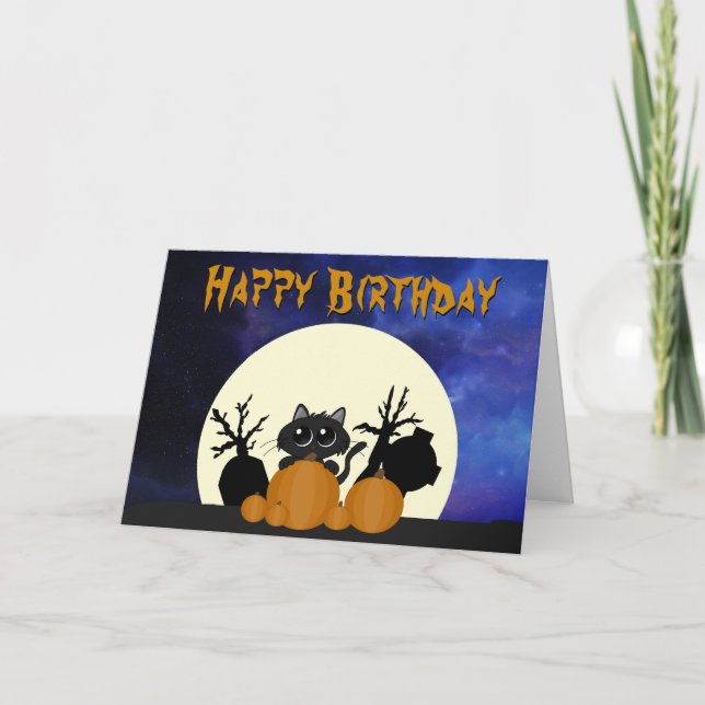 Halloween Birthday Black Cat w Pumpkins Graveyard Card (Front)