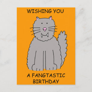 Halloween Birthday Cat with Fangs. Postcard
