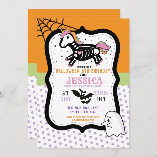 Halloween Birthday Kids Unicorn Skeleton Bats Invitation (Front/Back)