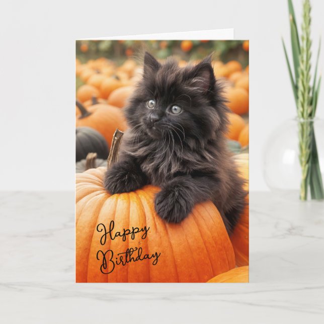 Halloween Birthday Kitten On Pumpkin Card (Front)