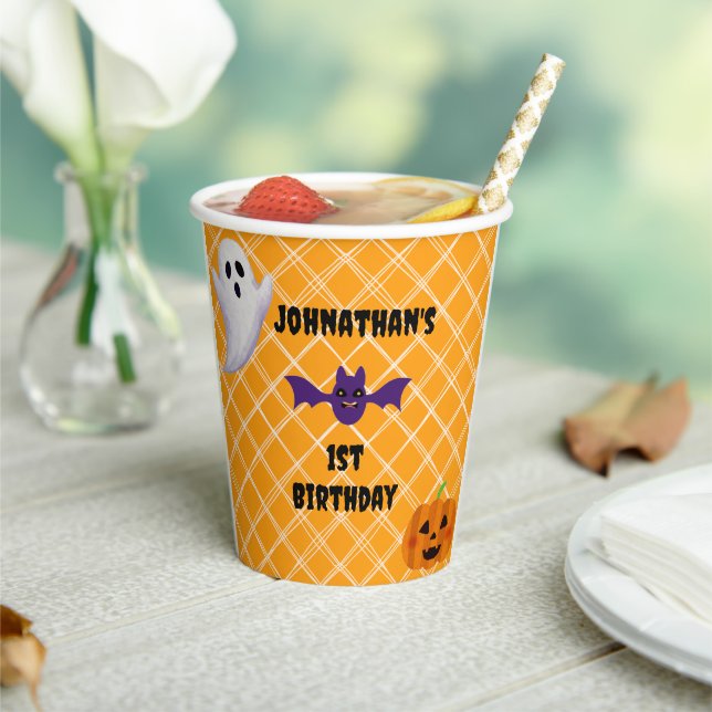 Halloween Birthday Paper Cups w. Ghost Pumpkin Bat (Insitu)
