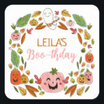 Halloween Birthday Party Favour Square Sticker<br><div class="desc">Are you celebrating a Halloween birthday this year and want a sweet, not spooky, illustrated theme for your party? These extra cute and colourful Halloween themed thank you stickers feature hand drawn festive fun! A wreath of jack o lanterns, autumn leaves, and a happy ghost surrounds your customizable details of...</div>