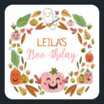 Halloween Birthday Party Favour Square Sticker<br><div class="desc">Are you celebrating a Halloween birthday this year and want a sweet, not spooky, illustrated theme for your party? These extra cute and colourful Halloween themed thank you stickers feature hand drawn festive fun! A wreath of jack o lanterns, autumn leaves, and a happy ghost surrounds your customizable details of...</div>