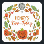 Halloween Birthday Party Favour Square Sticker<br><div class="desc">Are you celebrating a Halloween birthday this year and want a sweet, not spooky, illustrated theme for your party? These extra cute and colourful Halloween themed thank you stickers feature hand drawn festive fun! A wreath of jack o lanterns, autumn leaves, and a spider web surrounds your customizable details of...</div>