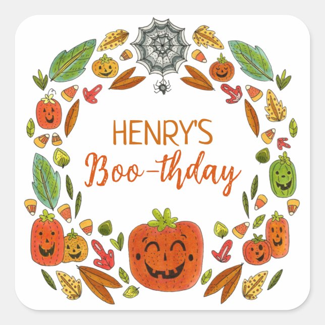 Halloween Birthday Party Favour Square Sticker (Front)