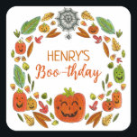 Halloween Birthday Party Favour Square Sticker<br><div class="desc">Are you celebrating a Halloween birthday this year and want a sweet, not spooky, illustrated theme for your party? These extra cute and colourful Halloween themed thank you stickers feature hand drawn festive fun! A wreath of jack o lanterns, autumn leaves, and a spider web surrounds your customizable details of...</div>
