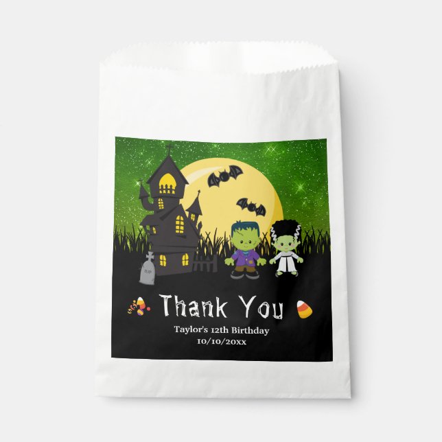 Halloween Birthday Party Monsters Green Favour Bag (Front)