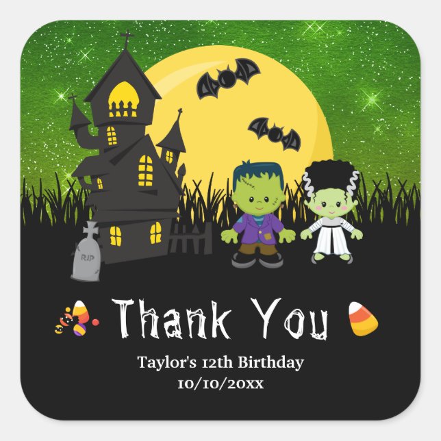 Halloween Birthday Party Monsters Green Square Sticker (Front)