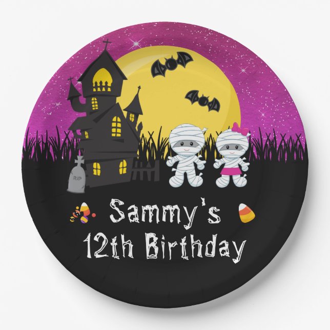 Halloween Birthday Party Mummy Pink Paper Plate (Front)