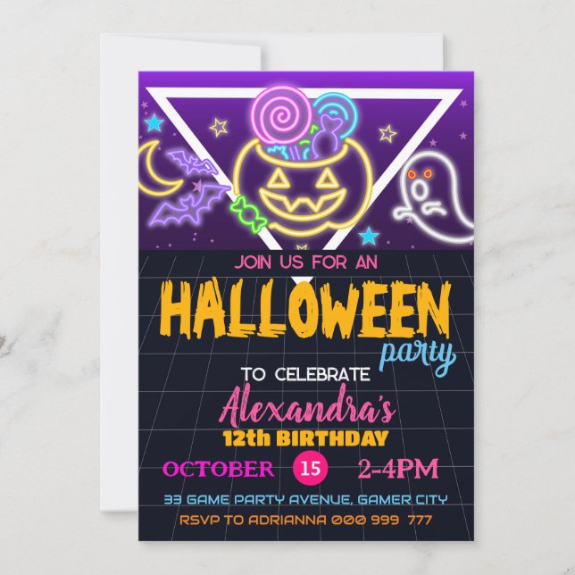 Halloween Birthday Party Spooky Birthday, Neon Invitation (Front)