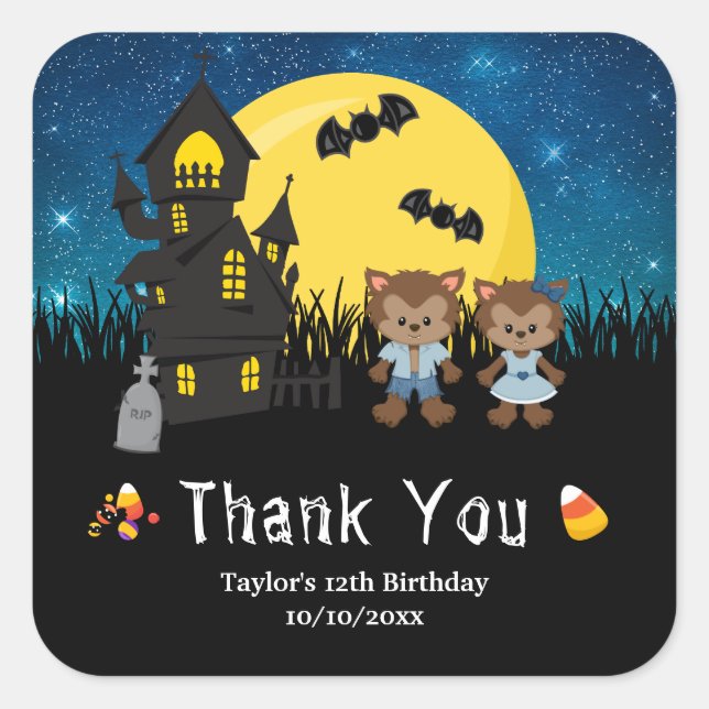 Halloween Birthday Party Werewolf Blue Square Sticker (Front)