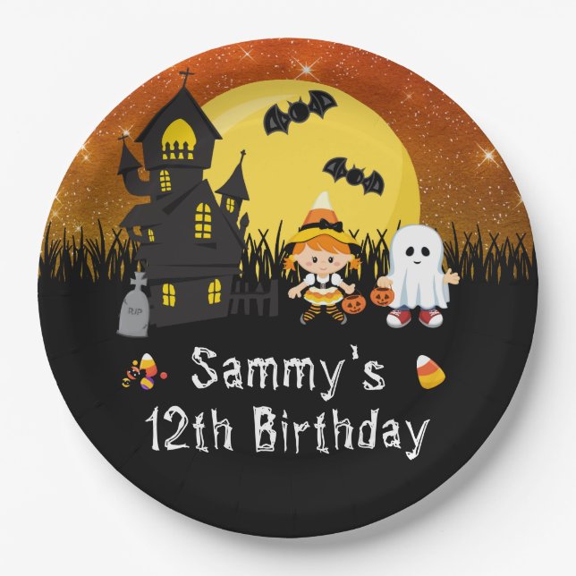 Halloween Birthday Party Witch Ghost Orange Paper Plate (Front)