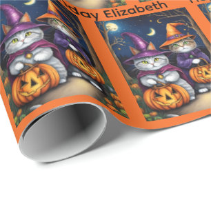Halloween Birthday Personalize Name Cat Witches Wrapping Paper