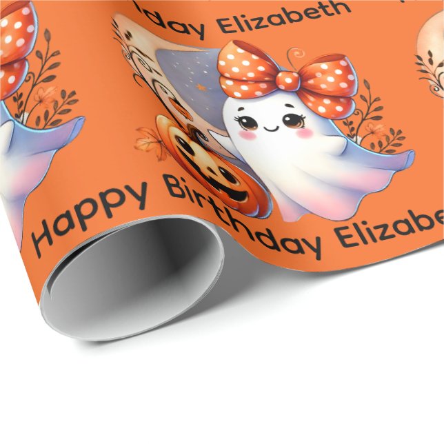 Halloween Birthday Personalize Name Girly Ghost Wrapping Paper (Roll Corner)