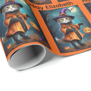 Halloween Birthday Personalize Name Witch Cat Wrapping Paper