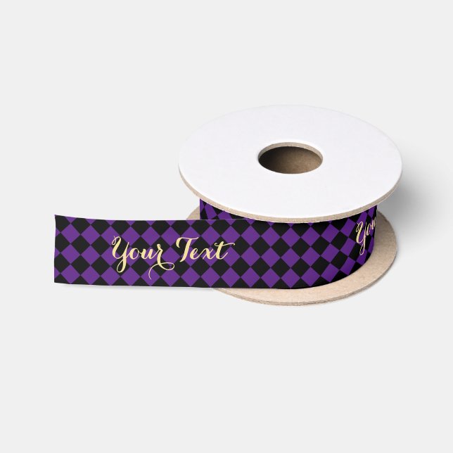 Halloween Birthday Purple Black Harlequin Pattern Satin Ribbon (Spool)