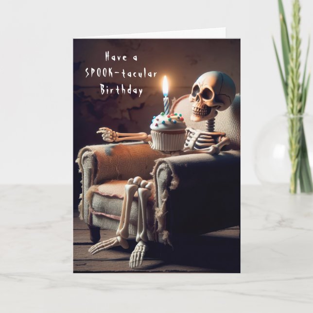 Halloween Birthday Skeleton In Old Chair Card (Front)