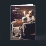 Halloween Birthday Skeleton In Old Chair Card<br><div class="desc">A skeleton sits in a worn armchair holding a cupcake with a lit birthday candle.
All text can be changed.</div>