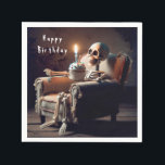 Halloween Birthday Skeleton  Napkin<br><div class="desc">A skeleton sits in a worn armchair holding a cupcake with a lit birthday candle for Halloween birthday Party.
Text can be changed.</div>
