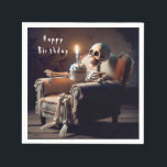 Halloween Birthday Skeleton Napkin<br><div class="desc">A skeleton sits in a worn armchair holding a cupcake with a lit birthday candle for Halloween birthday Party.
Text can be changed.</div>