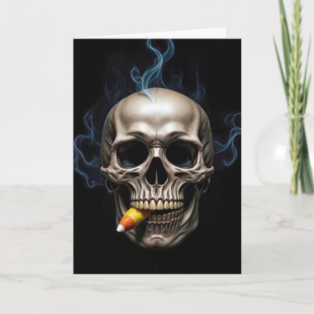 Halloween Birthday Smoking Skull Biting Candy Corn Card (Front)