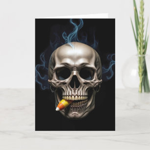 Halloween Birthday Smoking Skull Biting Candy Corn Card