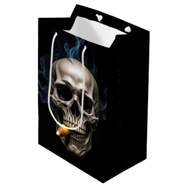 Halloween Birthday Smoking Skull Biting Candy Corn Medium Gift Bag (Front Angled)