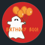 Halloween Birthday T-shirts and Gifts Classic Round Sticker<br><div class="desc">Cute little ghost holds orange balloons and wishes a happy birthday to the October 31 birthday guy or gal. Spooky for Halloween birthdays! Fully customizable too, in case you want to add your own text, change background colours, or move elements around. Make it yours, make it unique, make it scary!!...</div>