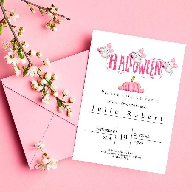 Halloween Birthday watercolor pink ghost pumpkin  Invitation (Creator Uploaded)