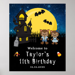 Halloween Birthday Werewolfs Blue Welcome Sign
