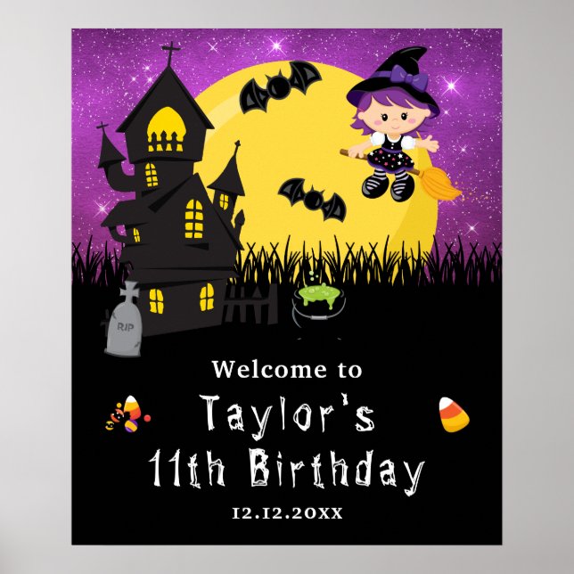 Halloween Birthday Witch Purple Welcome Sign (Front)