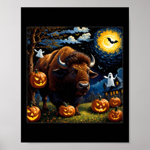 Halloween Bison Starry Night Poster