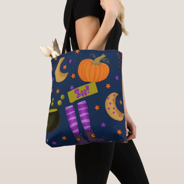 Halloween Black and Purple Whimsical Pattern Tote Bag (Close Up)