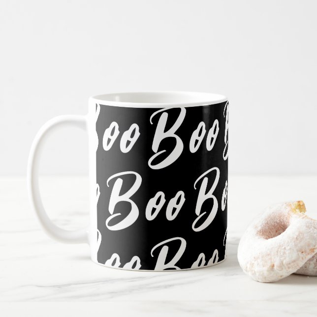 Halloween Black and White boo text pattern Coffee Mug (With Donut)