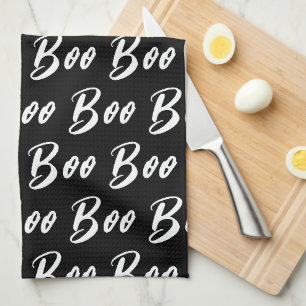 Halloween Black and White boo text pattern Kitchen Towel