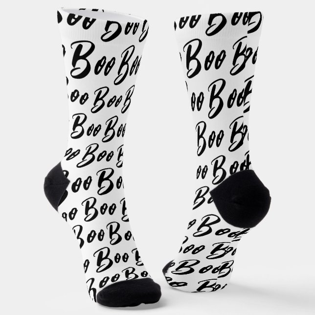 Halloween Black and White boo text pattern Socks (Angled)